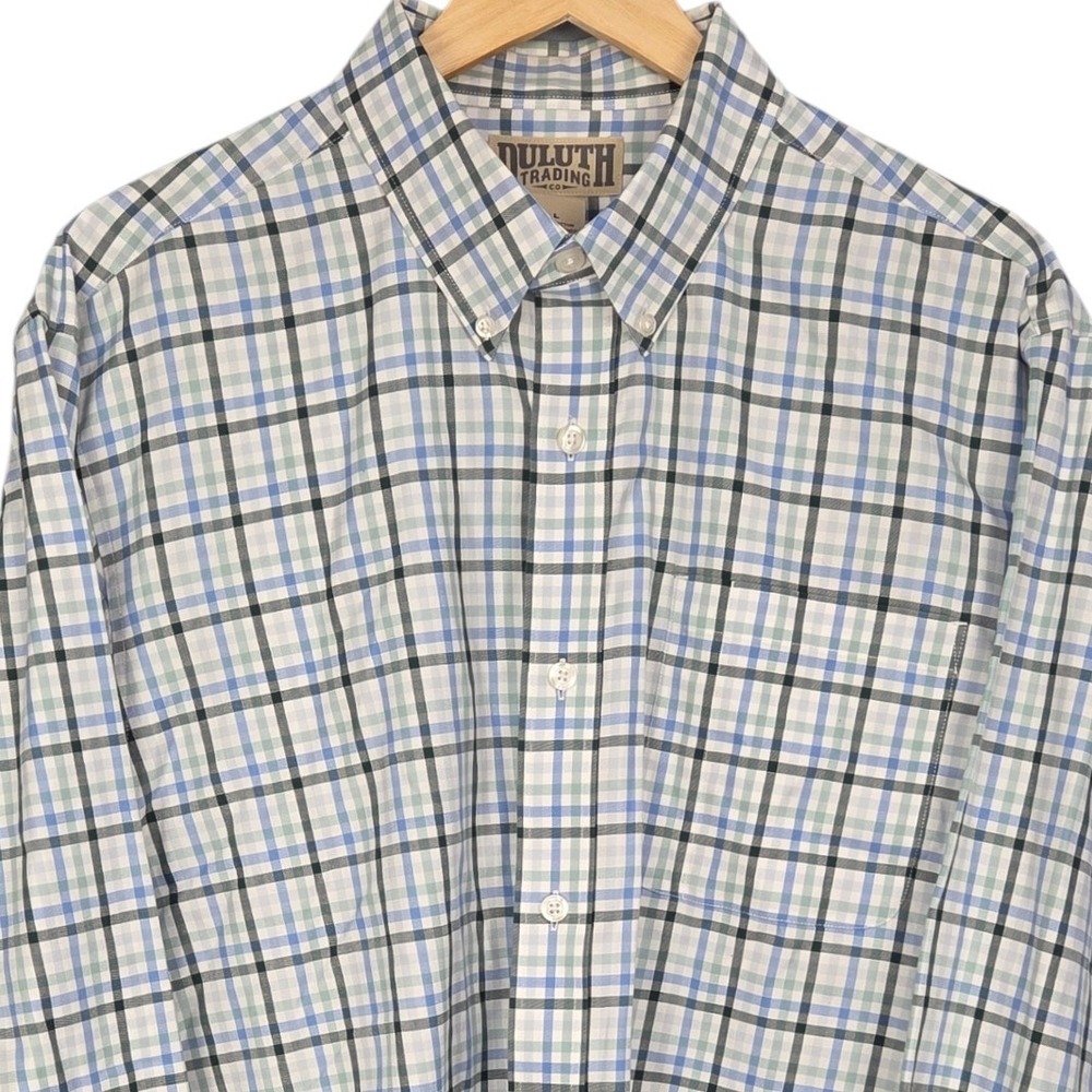 Duluth Trading Button Down Shirt Mens Large Blue Green Plaid Cotton Long Sleeve